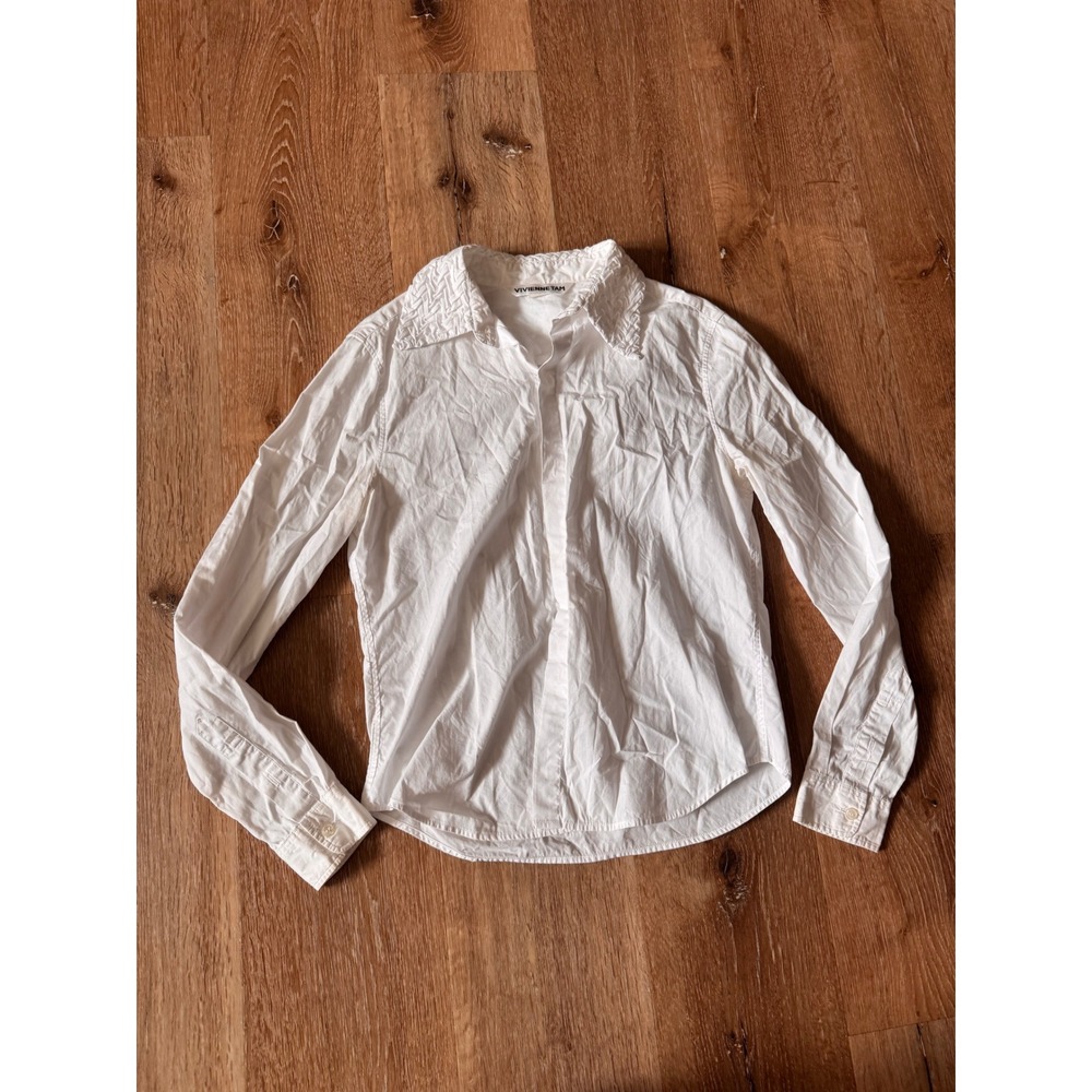 Vivienne Tam Womens‎ White Button Down Shirt Smocked Textured Collar Size 1